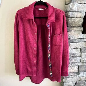 Soft surroundings fleece lined buttoned down sweater. Heather red w/ embroidery